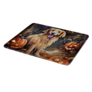 Planche À Découper Retriever doré Halloween avec citrouilles effrayan