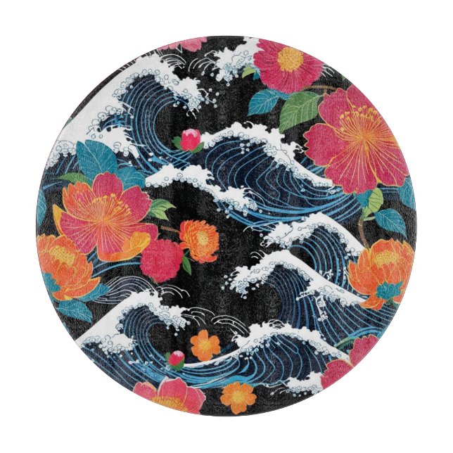 Planche À Découper Retro Modern Seigaiha Sakura Flowers Japan party (Devant)