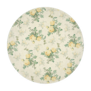Planche à découper ronde en verre floral rose jaun