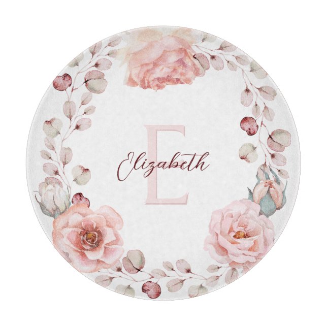 Planche À Découper Rose d'aquarelle Wreath personnalisée | BLANCHE (Devant)
