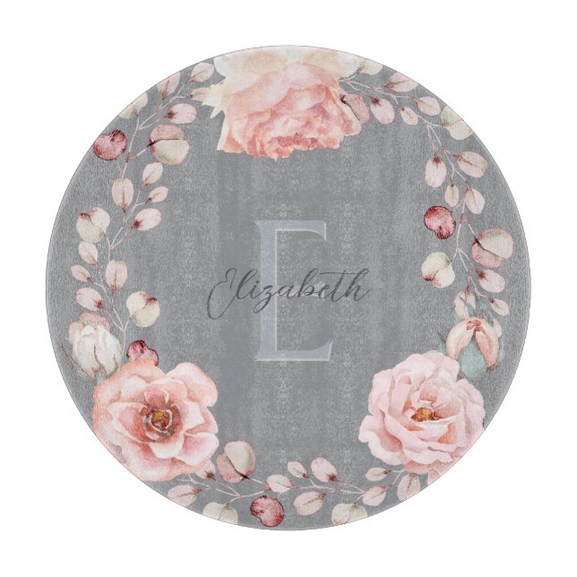 Planche À Découper Rose d'aquarelle Wreath personnalisée | Gray (Devant)