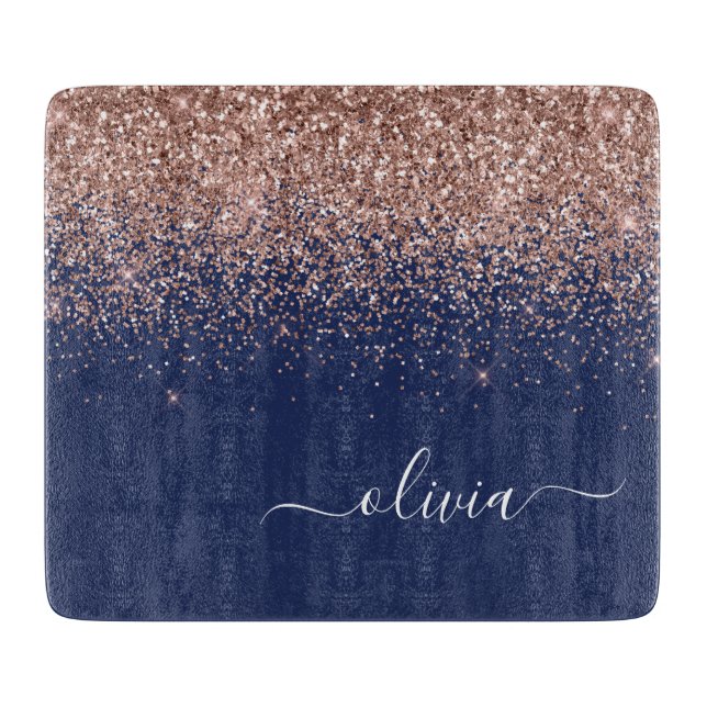 Planche À Découper Rose Gold Blush Pink Glitter Monogram Bleu Marine (Devant)