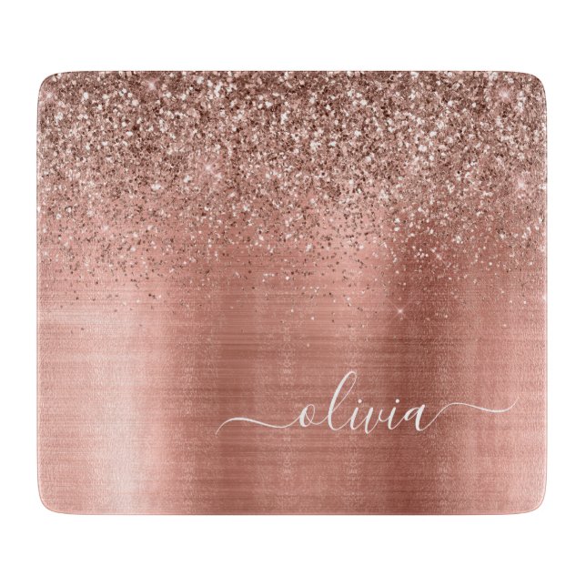 Planche À Découper Rose Gold Métal Brossé Monogramme Paillettes Rose (Devant)