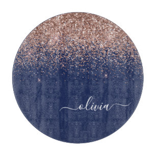 Planche À Découper Rose Gold Pailleté Monogram Bleu Marine Rose Pâle