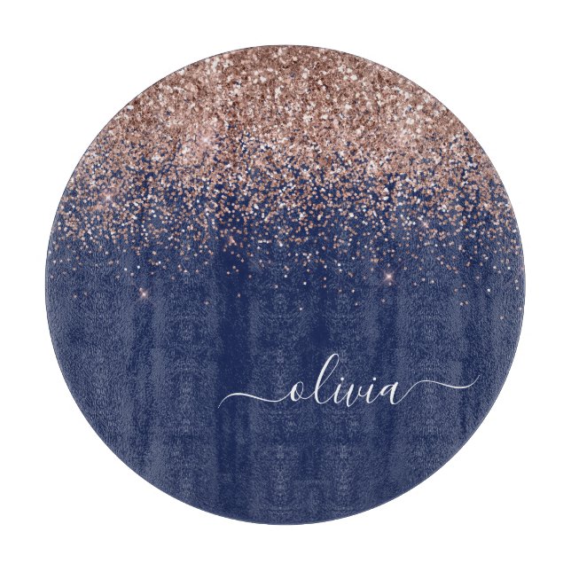 Planche À Découper Rose Gold Pailleté Monogramme Bleu Marine (Devant)