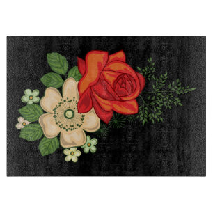 Planche À Découper Rose rouge et marguerites sur fond noir