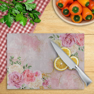 Planche À Découper Roses blanches roses sur Aquarelle de marbre