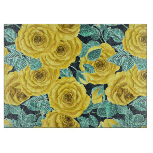 Planche À Découper Roses d'aquarelle jaune avec feuilles et pattes de