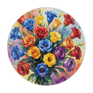 Planche À Découper Roses multicolores vibrantes Lisianthus Aquarelle 