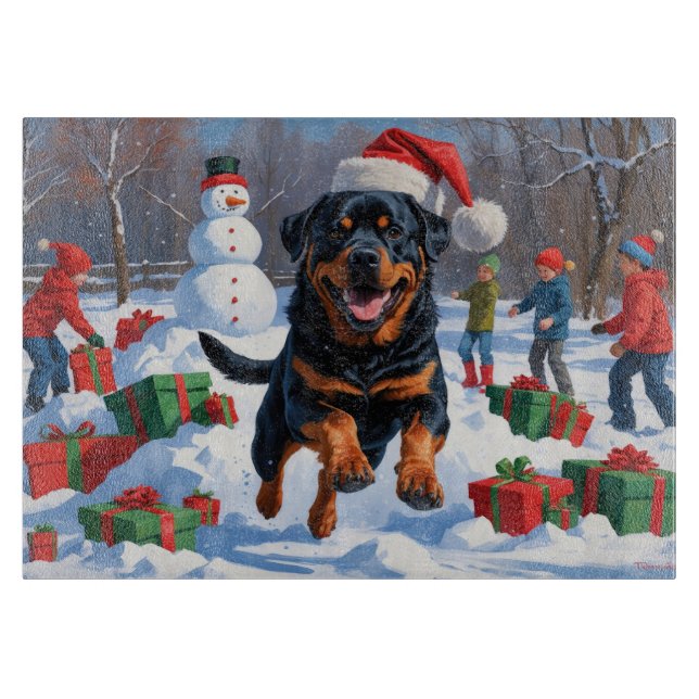 Planche À Découper Rottweiler coule en neige avec Casquette de Noël (Devant)