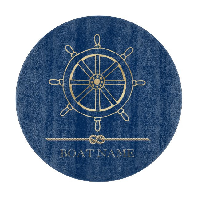 Planche À Découper Roue de bateau en or nautique, Bleu marine (Devant)