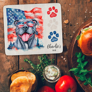 Planche À Découper Rouge Blanc et Bleu Drôle de Pitbull Gris Friandis