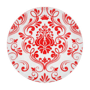 Planche À Découper Rouge et blanc Damas Floral Élégant Motif