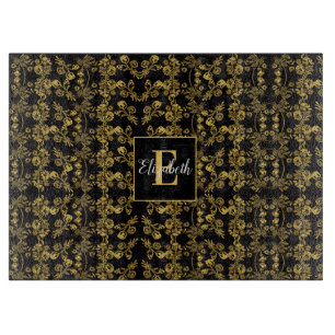 Planche À Découper Royal Black & Gold Damassé Fleur Personnalisé Nom