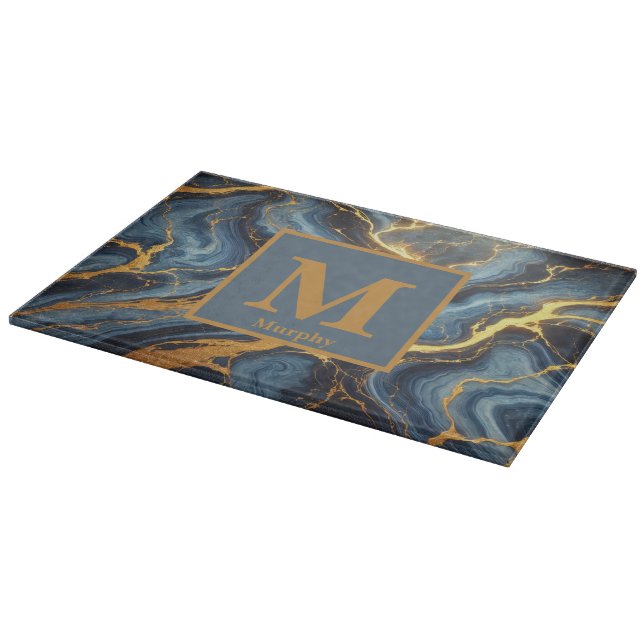 Planche À Découper Royal Blue Marble with Golden Veins Monogram (Coin)