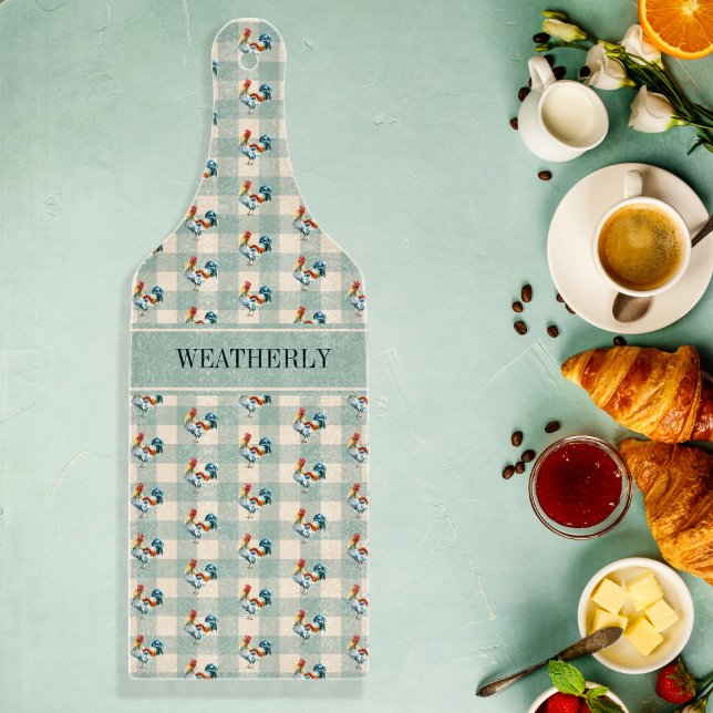 Planche À Découper Rustic Country Checks Monogramme de coq | Nom (Rustic Country Checks Rooster Pattern Monogram or Name Glass Cutting Board)