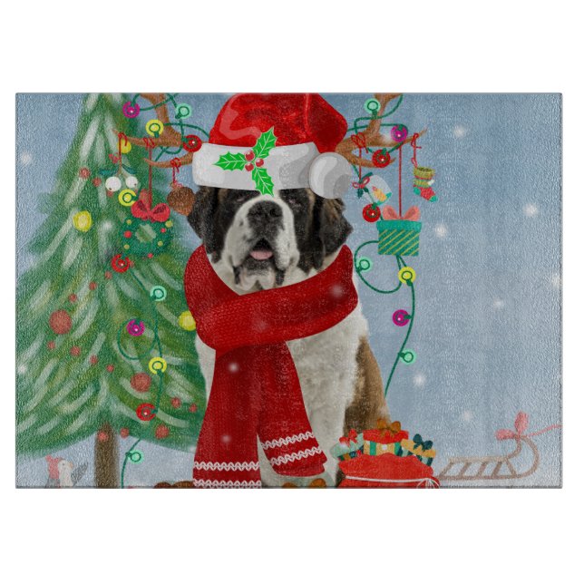 Planche À Découper Saint Bernard Chien à Noël de neige (Devant)