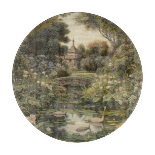 Planche À Découper Scène botanique de cygnes dans un jardin anglais