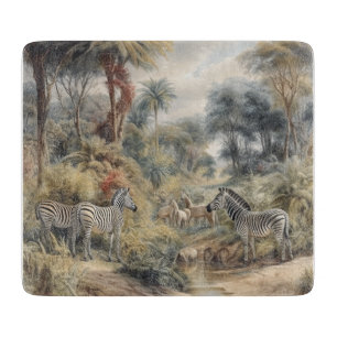 Planche À Découper Scène botanique de zèbres et lions dans une oasis
