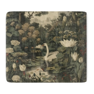 Planche À Découper Scène botanique d'un cygne blanc dans une rivière 