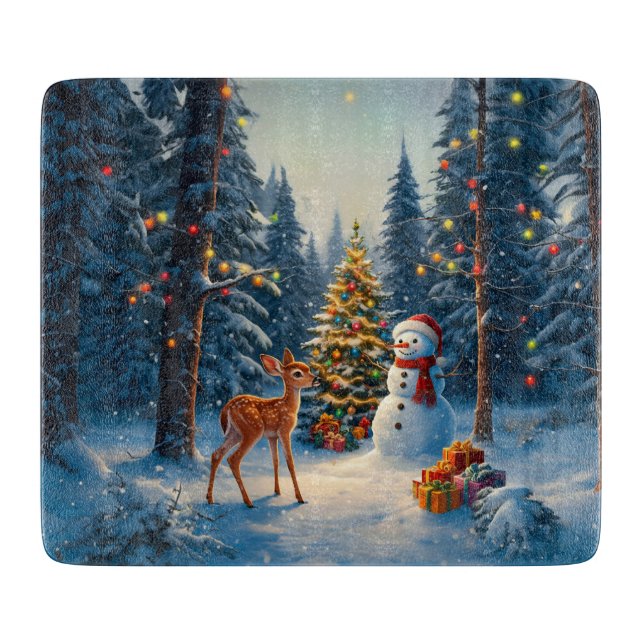 Planche À Découper Scene d'arbre de Noël Cute Deer Fawn Snowman (Devant)