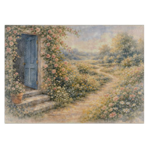 Planche À Découper Scène de chemin fleuri à la porte bleue du jardin 