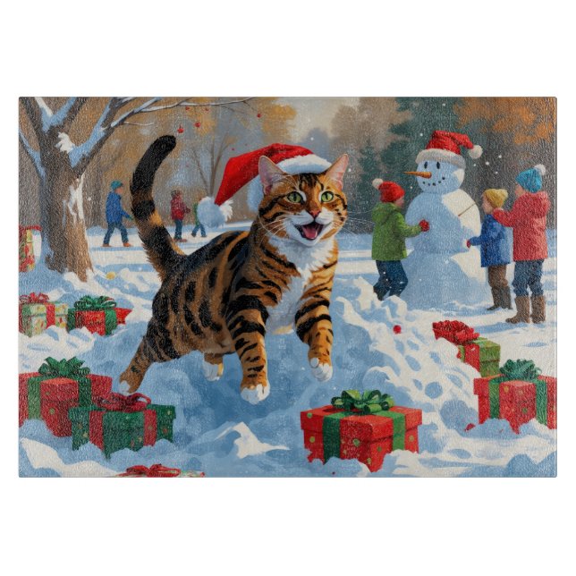 Planche À Découper Scène de neige festive de Noël avec chat Bengal (Devant)