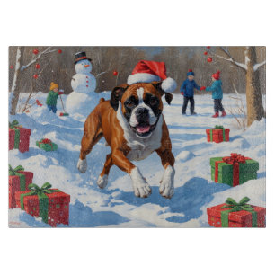 Planche À Découper Scène de Noël festive de Boxer dans la neige