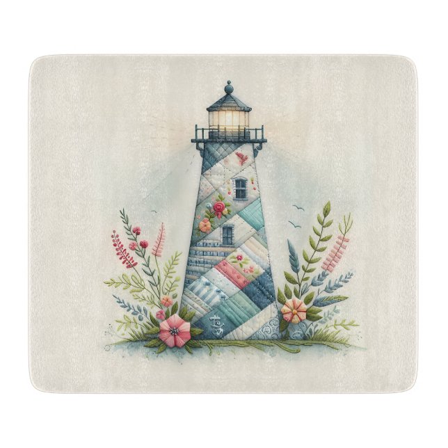 Planche À Découper Scène florale côtière du phare patchwork (Devant)