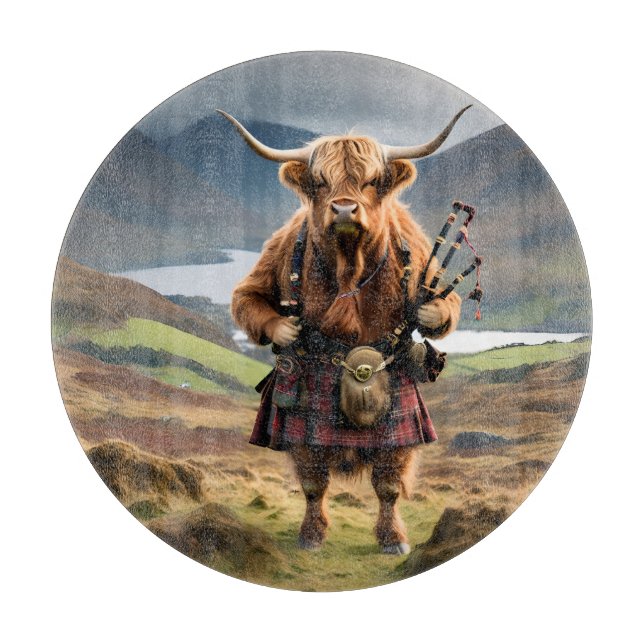 Planche À Découper Scottish Highland Cow Bagpiper, (Devant)