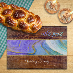Planche À Découper Shabbat Shalom Violet Marbre Turquoise sur le bois