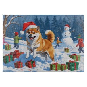 Planche À Découper Shiba Inu courant dans la neige avec un chapeau de