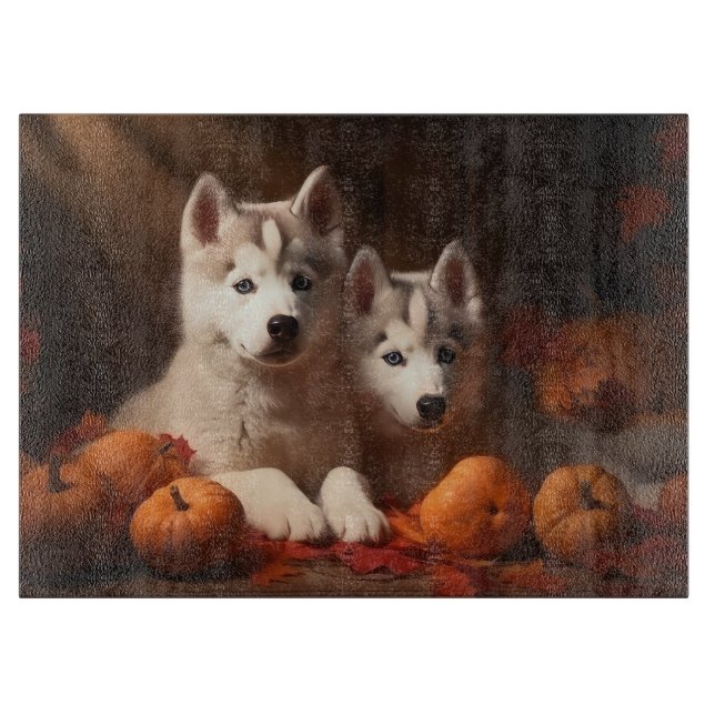Planche À Découper Sibérie Husky Puppy Citrouille d'automne (Devant)