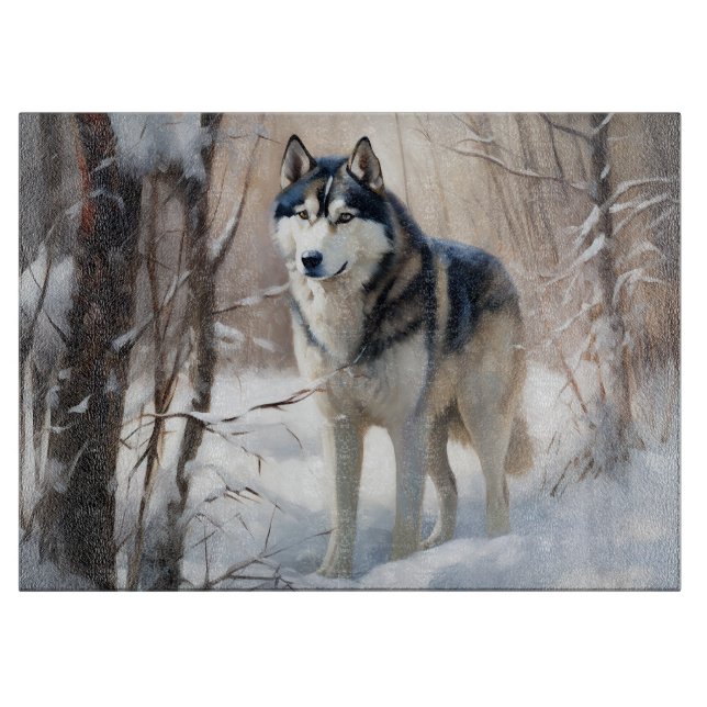 Planche À Découper Sibérien Husky Laisser Neige Noël (Devant)