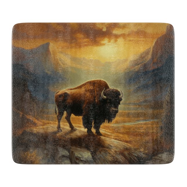 Planche À Découper Silhouette du coucher de soleil de bison de buffle (Devant)