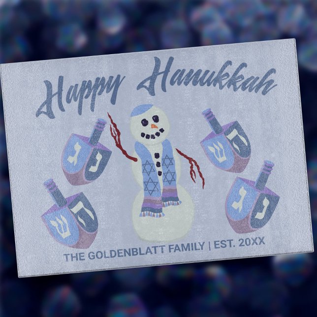 Planche À Découper Snowman Dreidels Hanukkah Personalized Challah (Add a custom touch to your kitchen decor with this cute Happy Hanukkah glass cutting board)