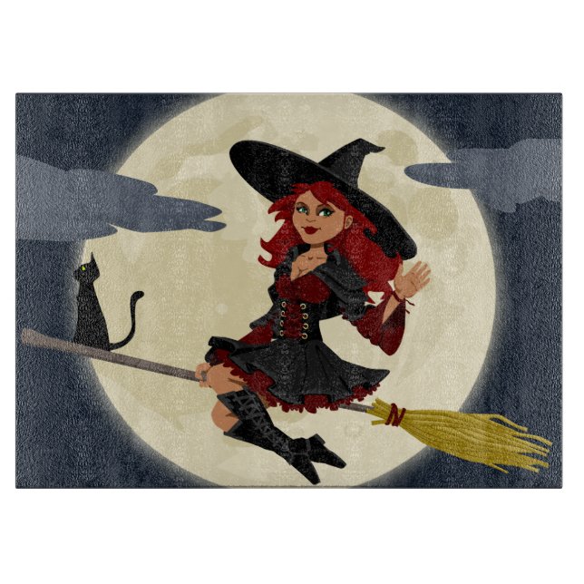 Planche À Découper Sorcière volante avec chat noir et la lune (Devant)