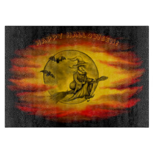 Planche À Découper Sorcière volante avec chat noir, nuit d'Halloween