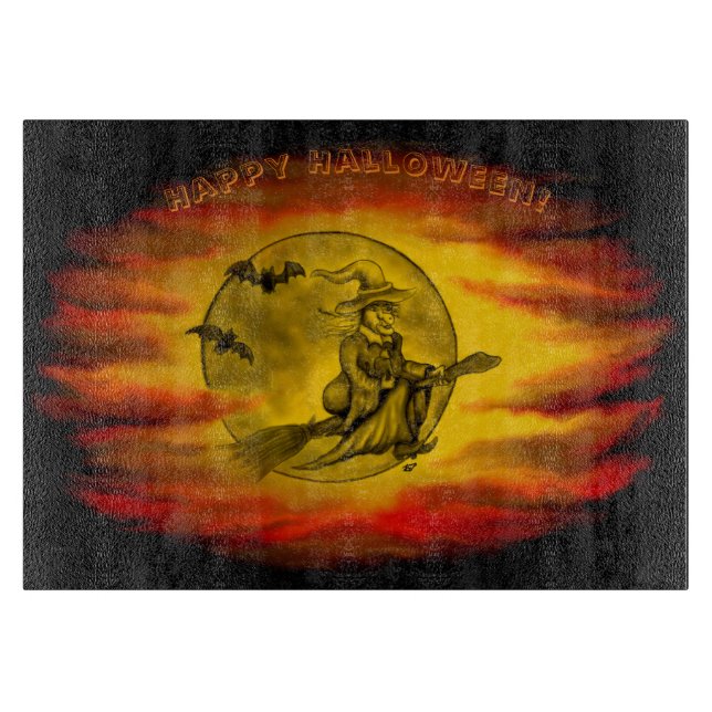 Planche À Découper Sorcière volante avec chat noir, nuit d'Halloween (Devant)