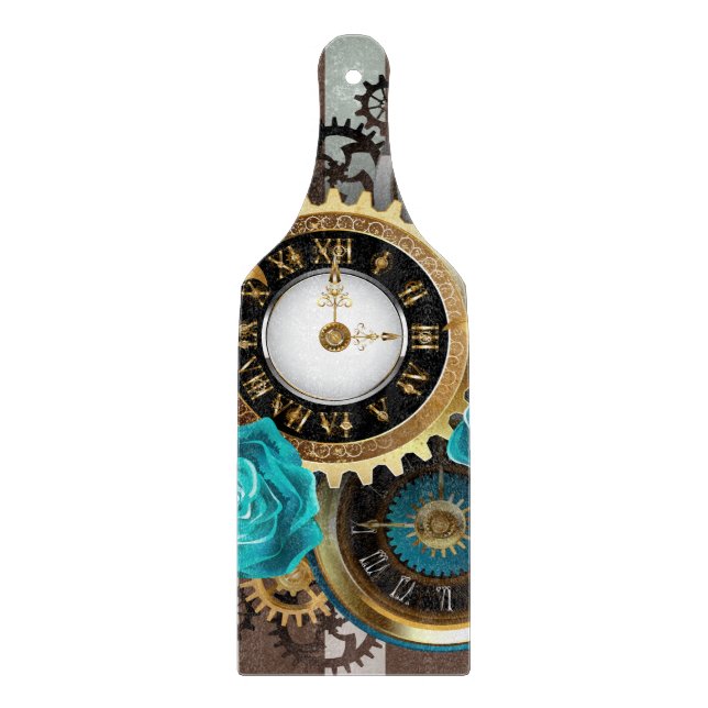Planche À Découper Steampunk Clock and Turquoise Roses on Striped (Devant)