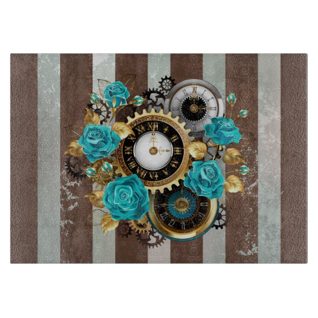 Planche À Découper Steampunk Clock and Turquoise Roses on Striped (Devant)