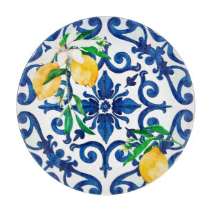 Planche À Découper style italien, mosaïque, bleu, citron,