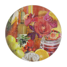 Table de coupe ronde en verre avec thème culinaire