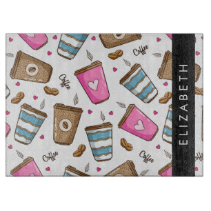 Planche À Découper Tasses À Café, Haricots À Café, Coeurs, Votre Nom