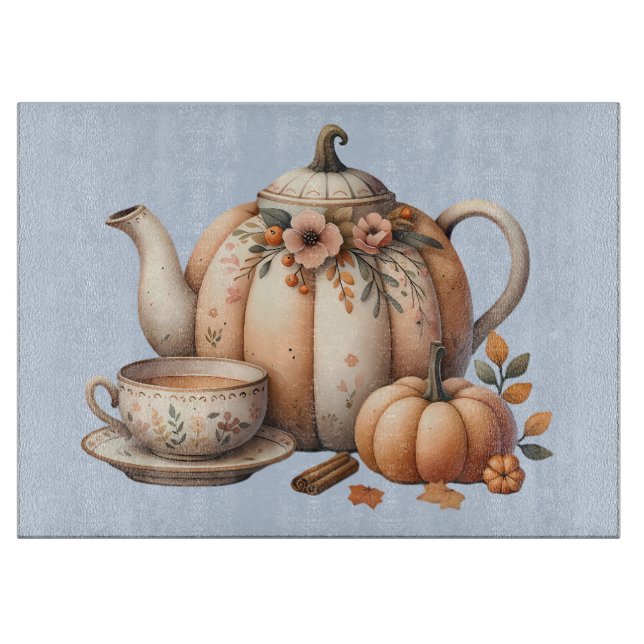 Planche À Découper Teapot citrouille avec fleurs d'automne (Devant)