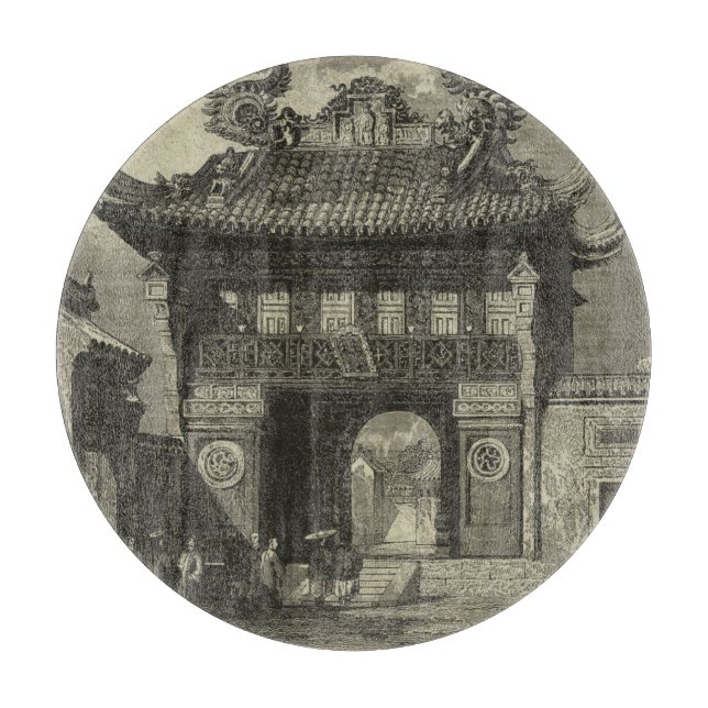 Planche À Découper Temple impérial asiatique en noir et blanc (Devant)
