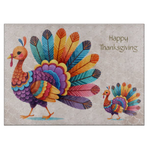 Planche À Découper Thanksgiving Bright Feathers Turkey Cutting Board
