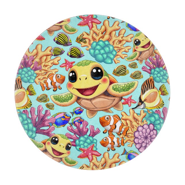 Planche À Découper Tortue de mer Bébé heureux et mignonne personnage (Devant)