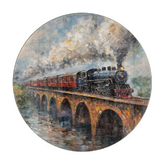 Planche À Découper Train à vapeur sur un pont - Peinture à l'huile