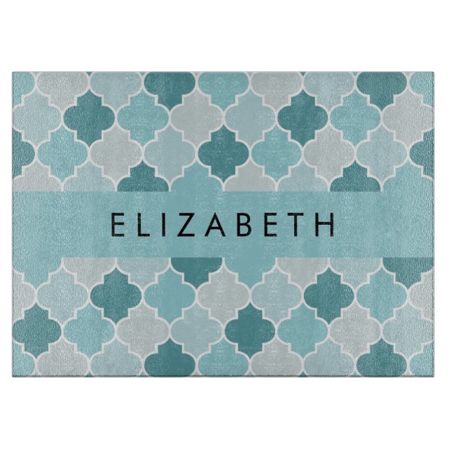 Planche À Découper Trellis Bleu Marocain, Quatrefoil, Votre Nom (Devant)